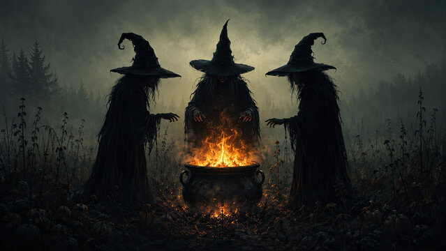 Three mysterious witches casting a dark spell around a glowing cauldron in a misty forest for a spooky halloween night
