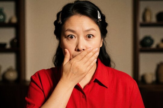 Woman with wide eyes covers mouth in shock or surprise. She holds hand firmly over lips, suggesting a secret or unbelievable news. Expresses utter amazement, disbelief or muted gasp.