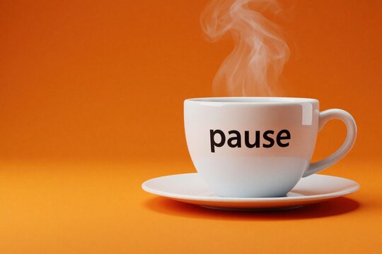 White ceramic cup with word pause sits on saucer against orange backdrop. Hot steaming beverage fills mug. Minimalist design shows concept of break time relaxation, serenity. Simple artistic graphic