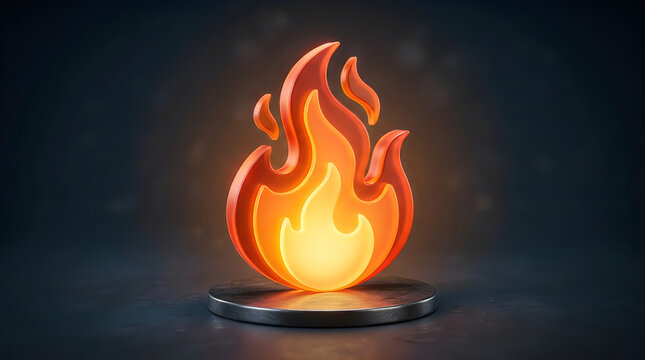 A stylized 3d icon of a bright orange flame burning on a dark circular platform against a moody background