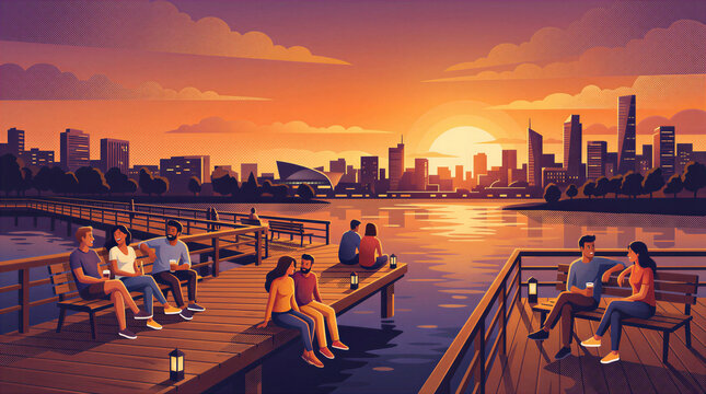 People relax by water during sunset, some sitting on docks and others walking. City skyline with buildings and clouds creates a warm atmosphere. Concept of leisure, socializing, outdoor events