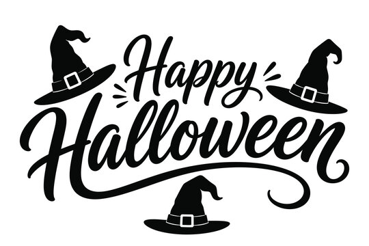 Halloween lettering with witch hats black vector illustration on white background