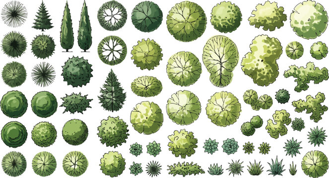 Set of top view tree and shrub icons for architectural landscape design and site planning vector illustration
