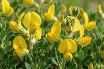 Obraz premium Macro shot of yellow Ononis pubescens wildflowers in field. Small bright blossom petals with hairy green leaves grow in meadow. Summer botanical plant flora details in natural sunlight. Wild plant