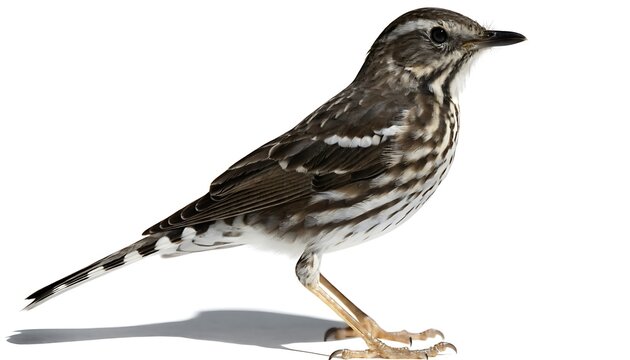 Small wild thrush songbird standing perched profile view with shadow cut out isolated on white background. AI Generated.