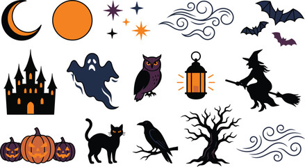 Fototapeta premium Collection of various halloween themed elements and spooky icons isolated on transparent background silhouette
