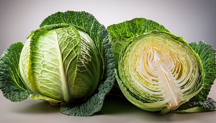 Fototapeta premium whole and halved fresh green cabbage heads