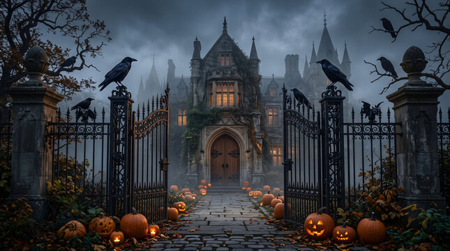 Spooky haunted mansion gate with glowing jack-o-lanterns at night, halloween