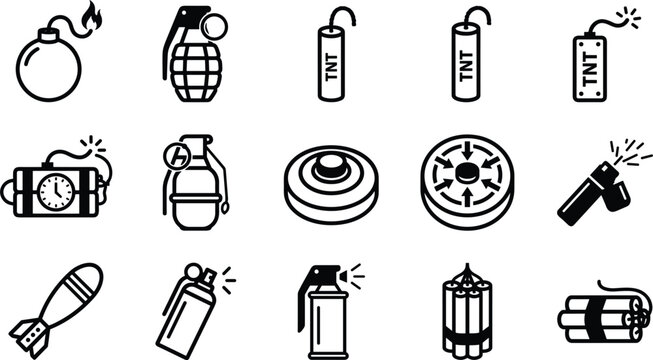 Explosive weapon line icons set containing bomb grenade tnt dynamite landmine missile and gas spray vector