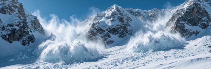Massive snow avalanche cascades down rocky mountain slope. Huge snow clouds billow creating powerful force of nature. Pure white ice and powder fly across blue sky and peaks.
