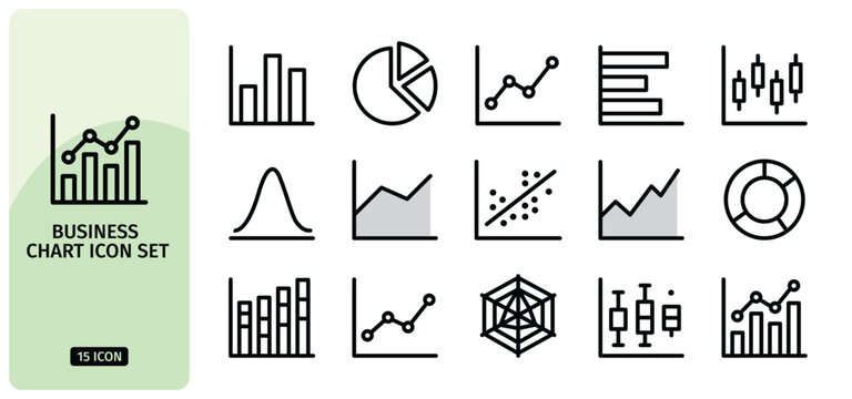 Business chart icon set, collection of 15 thin line icons for data visualization and financial analysis