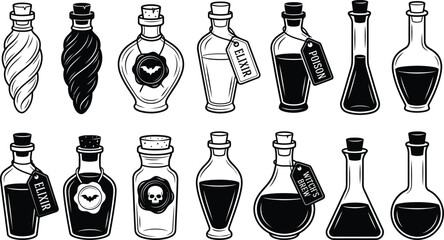 Collection of various vintage magic potion bottles isolated on transparent background silhouette © mdkamran