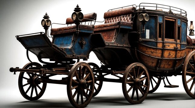 Ornate horse drawn carriage, vintage wooden wagon, old coach with leather seats. Antique transport vehicle for travel, western history, and rural scenes.