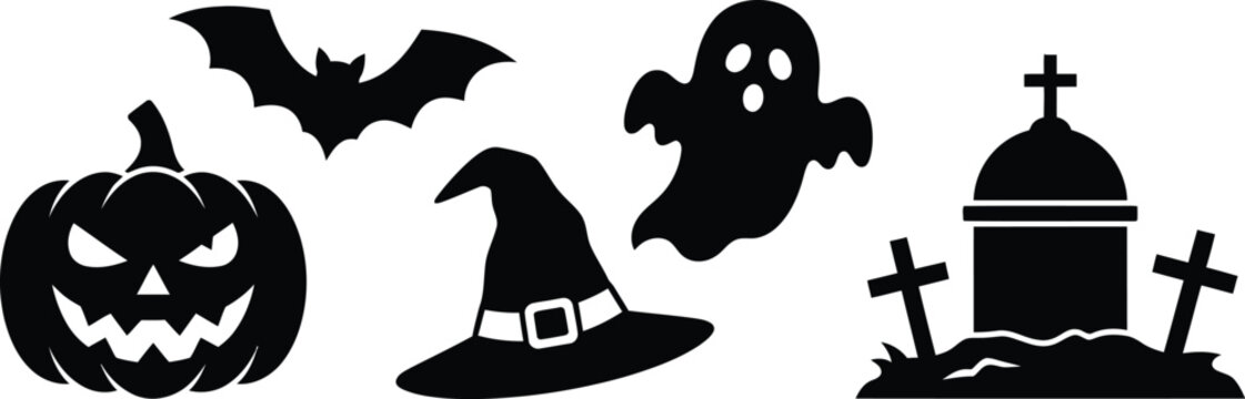 Set of black hand drawn halloween icons featuring a scary pumpkin bat witch hat ghost and a spooky graveyard headstone
