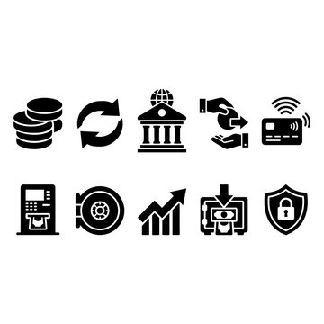 Set of black banking and finance icons for business money transactions and payment security