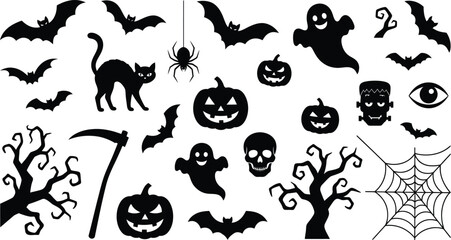 Fototapeta premium Set of hand drawn halloween elements including black cats pumpkins ghosts bats skulls and spooky trees isolated on a white background