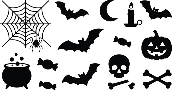 Set of black halloween silhouette icons featuring pumpkins bats skull spider web cauldron and candy isolated on a white background