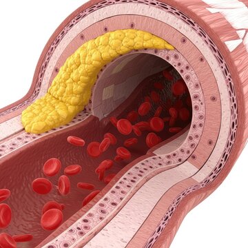 A detailed cross section of an artery shows yellow cholesterol plaque narrowing the blood vessel lumen and restricting red blood cell flow, lipid, red, lumen