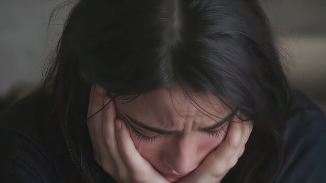Distressed young woman crying while covering face with hands. Emotional breakdown and mental health struggle. Close-up shot with subtle camera tilt.