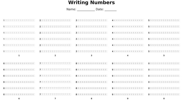 Writing Numbers 0-9 Tracing Worksheet for Kids, Printable Handwriting Practice Sheet with Name and Date Fields, Editable Vector Template