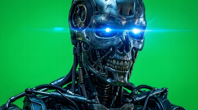 Closeup of a futuristic robotic cyborg skull with glowing blue eyes against a green screen background
