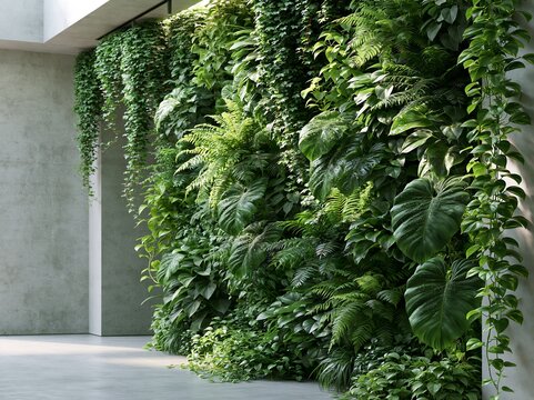 Lush indoor vertical garden showcasing vibrant green foliage in a modern architectural space, promoting biophilic design and a sustainable living environment