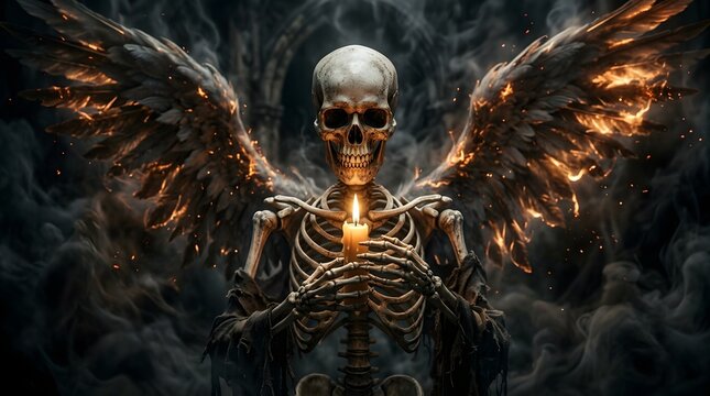 A skeletal angel with flaming wings holding a glowing candle in the darkness