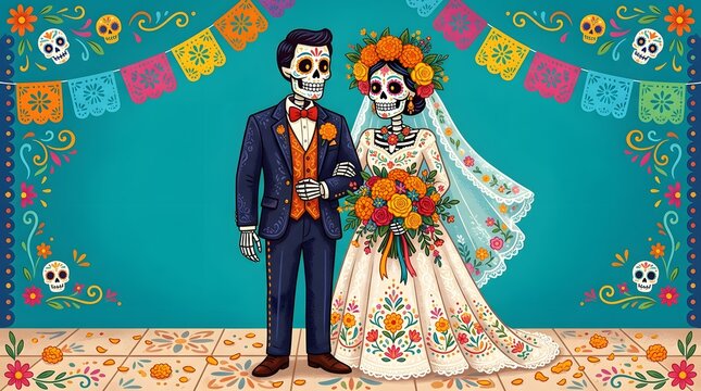 Dia de los muertos wedding couple in traditional sugar skull makeup and festive attire
