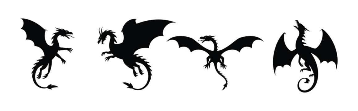 Dragon Silhouettes Collection: A set of four black silhouette illustrations of dragons in various dynamic poses, showcasing mythical creatures with wings and reptilian features.