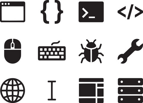 Software programming icons set, black web development vector symbols, computer coding and database signs for tech interface design
