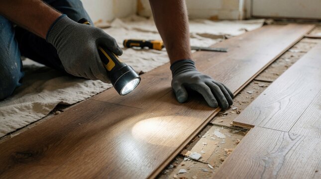 Gloved hands hold flashlight inspecting damaged wood laminate floor planks. Kitchen renovation or repair work in progress. Home improvement project needs fixing.