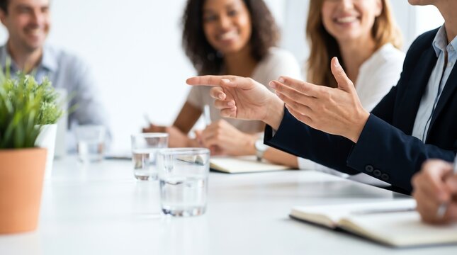 Engaged multi-ethnic business team having a collaborative meeting with hand gestures in modern office