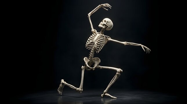 Human skeleton in a dynamic dancing pose isolated on black background