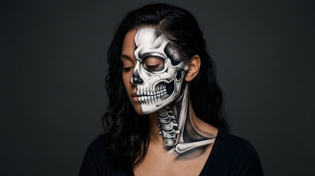 Closeup portrait of a woman with artistic skull makeup on half of her face and neck