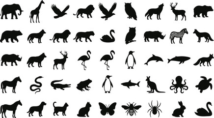 Obraz premium Wild Animals Silhouette Collection, Set of Various Animal Icons Isolated on White Background