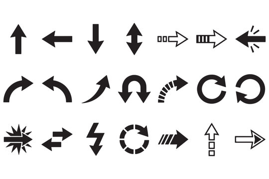 Modern black and white arrow icons set. Minimalist directional symbols for UI, web, and app design projects.