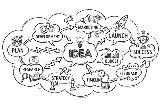 Creative brainstorming process for startup success. Idea generation workflow with strategic planning and development phases.