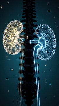 Human kidney anatomy with internal stone deposits shown in transparent glass detail. Two kidneys near spine silhouette glow with blue and yellow light, medical concept.
