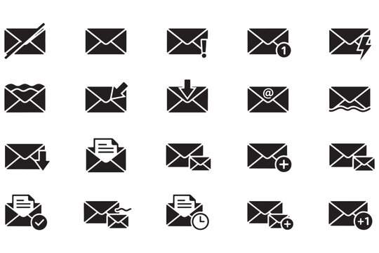 Modern flat icons of envelopes with various delivery status symbols. Minimalist email notification set for web design.