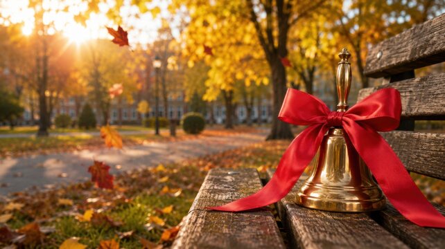 Golden school bell with red ribbon on a park bench surrounded by colorful autumn foliage. Back to School concept symbolizing the beginning of the new academic year