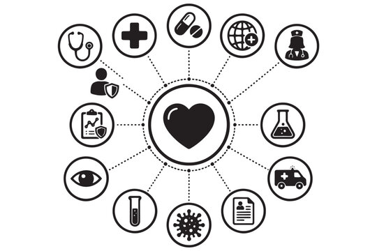 Modern healthcare system illustration. Medical services network with interconnected health icons.