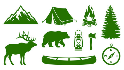 Set of green camping and outdoor adventure icons featuring mountain tent bear and pine tree Vector © azad