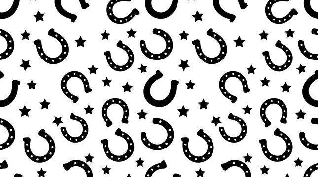Seamless pattern with black horseshoes and stars for western style design and decoration Vector