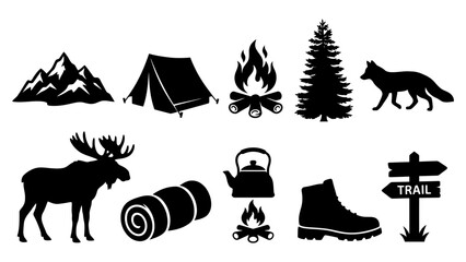 Set of black camping and hiking adventure icons with mountains tent fire tree animal and gear Vector © azad