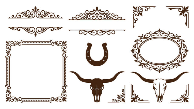 Set of vintage western themed frames borders horseshoe and bull skull vector design elements Vector