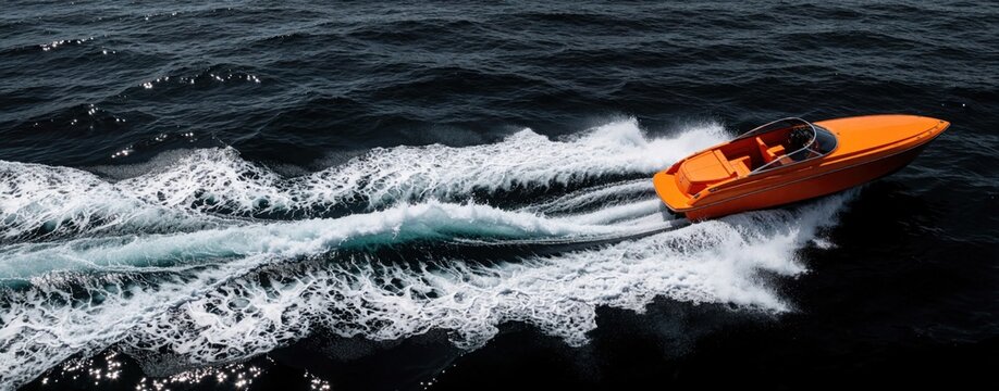 Orange motor boat speeds across dark ocean water creating white foam wake. Aerial view shows powerful vessel moving fast on sea surface during summer trip. Marine transport travels through deep blue