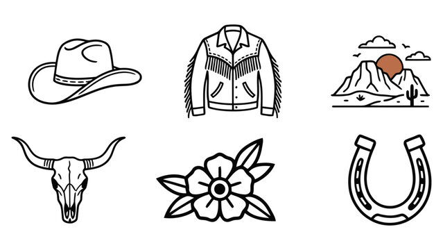 Set of wild west cowboy icons featuring hat jacket desert skull flower and horseshoe symbols Vector