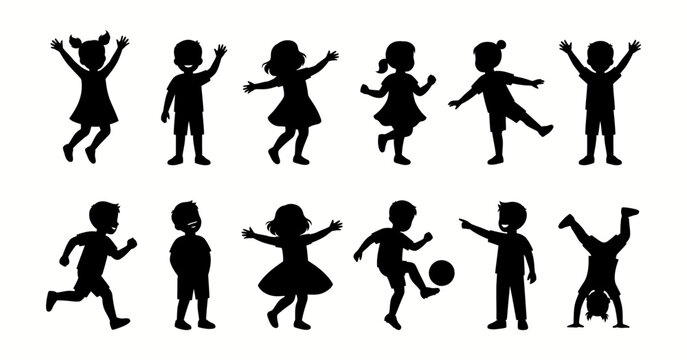 Set of silhouettes of happy children playing and having fun in various poses