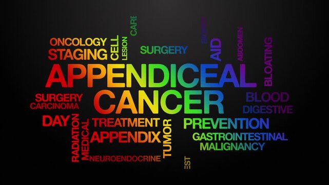 Appendiceal cancer concept Animated Tag Word Cloud kinetic typography, Text Design Animation typography seamless loop video motion graphics Intro Wordart arrangement rainbow type on black background b