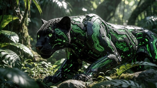 Cybernetic panther moves through lush jungle. Robotic animal has glowing green circuits on dark metal body. Futuristic predator prowls in dense green foliage. Nature meets technology.